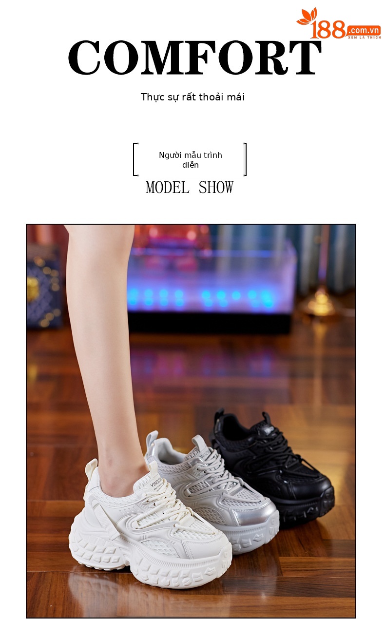 Giày sneaker nữ chunky đế dày độn cao, mặt lưới thoáng khí mùa hè thu — Màu be chi tiết 9