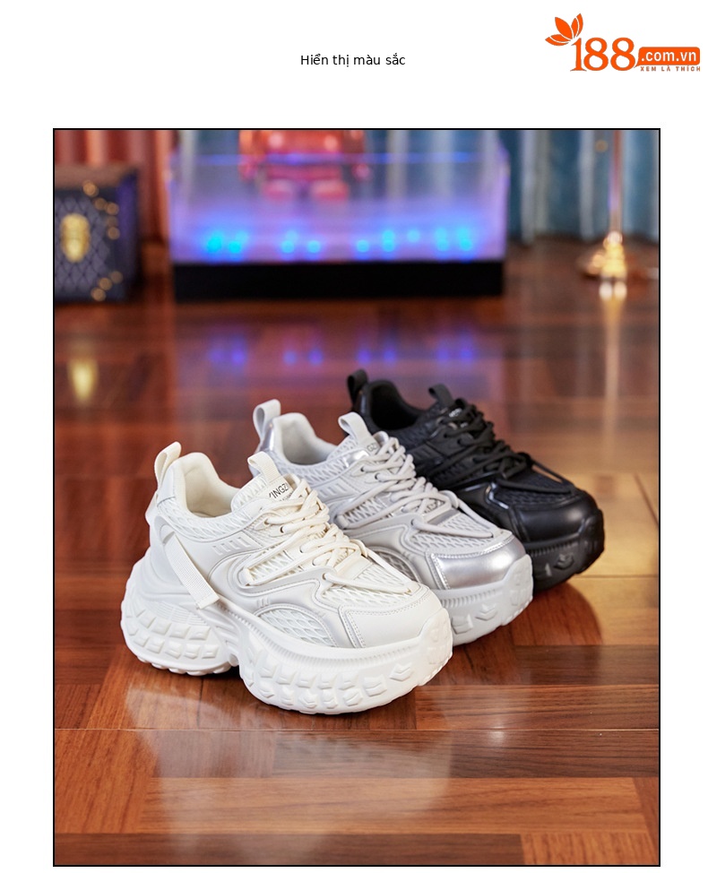 Giày sneaker nữ chunky đế dày độn cao, mặt lưới thoáng khí mùa hè thu — Màu be chi tiết 16
