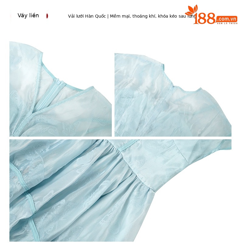 Váy maxi nữ in họa tiết cổ chữ V thắt eo phong cách hoàng gia — Màu xanh cỏ chi tiết 3