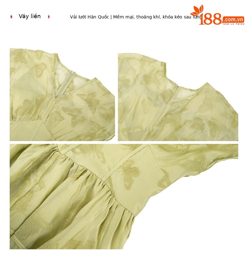 Váy maxi nữ in họa tiết cổ chữ V thắt eo phong cách hoàng gia — Màu xanh cỏ chi tiết 4