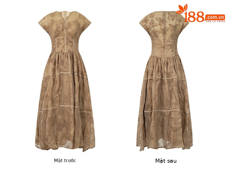 Váy maxi nữ in họa tiết cổ chữ V thắt eo phong cách hoàng gia — Màu xanh cỏ chi tiết 5