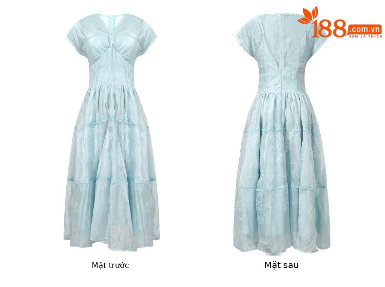 Váy maxi nữ in họa tiết cổ chữ V thắt eo phong cách hoàng gia — Màu xanh cỏ chi tiết 6