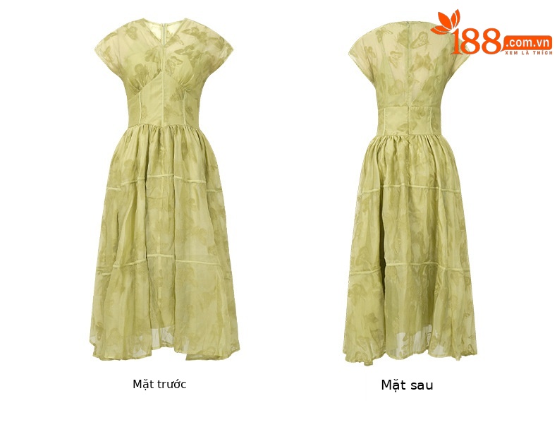 Váy maxi nữ in họa tiết cổ chữ V thắt eo phong cách hoàng gia — Màu xanh cỏ chi tiết 7