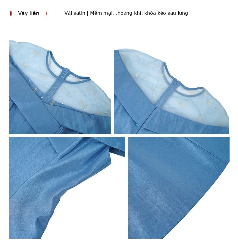 Đầm suông nữ midi cổ tròn tay ngắn chất liệu satin cao cấp — [Xanh dương] chi tiết 1