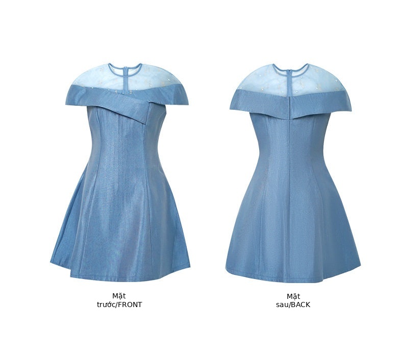 Đầm suông nữ midi cổ tròn tay ngắn chất liệu satin cao cấp — [Xanh dương] chi tiết 2