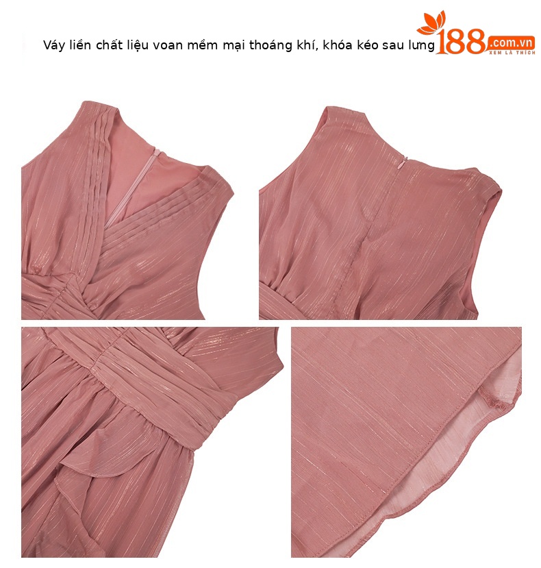 Váy maxi đi biển phong cách Pháp cổ chữ V eo thon dáng bất đối xứng chất liệu voan — Màu đen chi tiết 2