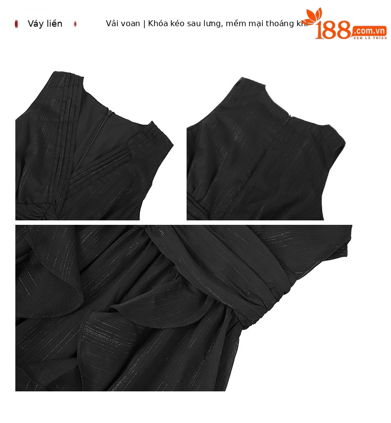 Váy maxi đi biển phong cách Pháp cổ chữ V eo thon dáng bất đối xứng chất liệu voan — Màu đen chi tiết 3