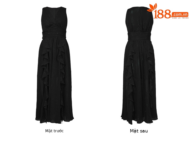 Váy maxi đi biển phong cách Pháp cổ chữ V eo thon dáng bất đối xứng chất liệu voan — Màu đen chi tiết 4