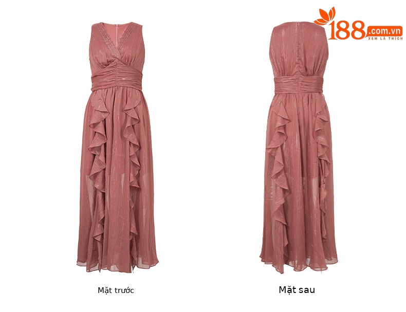 Váy maxi đi biển phong cách Pháp cổ chữ V eo thon dáng bất đối xứng chất liệu voan — Màu đen chi tiết 5
