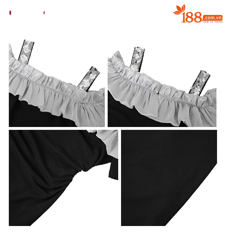 Váy bodycon dây đeo cổ lệch vai xếp nếp ôm sát — Màu đen chi tiết 2