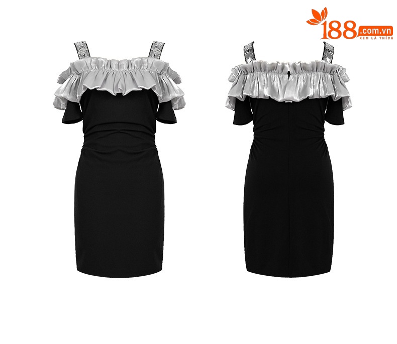 Váy bodycon dây đeo cổ lệch vai xếp nếp ôm sát — Màu đen chi tiết 3