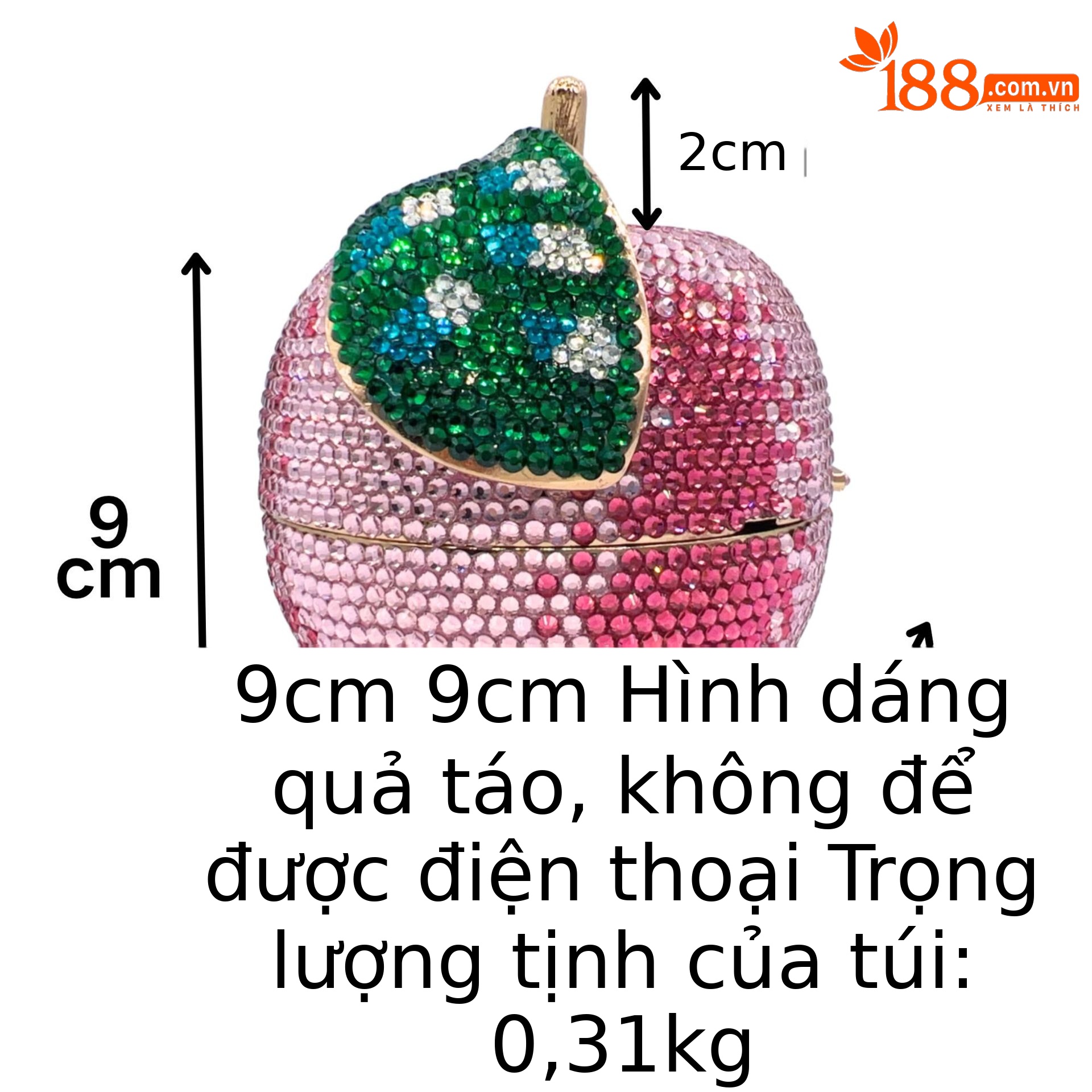 Túi clutch nữ đính đá hình quả táo pha lê sang trọng — Táo hồng, Cá tính đặt làm chi tiết 1