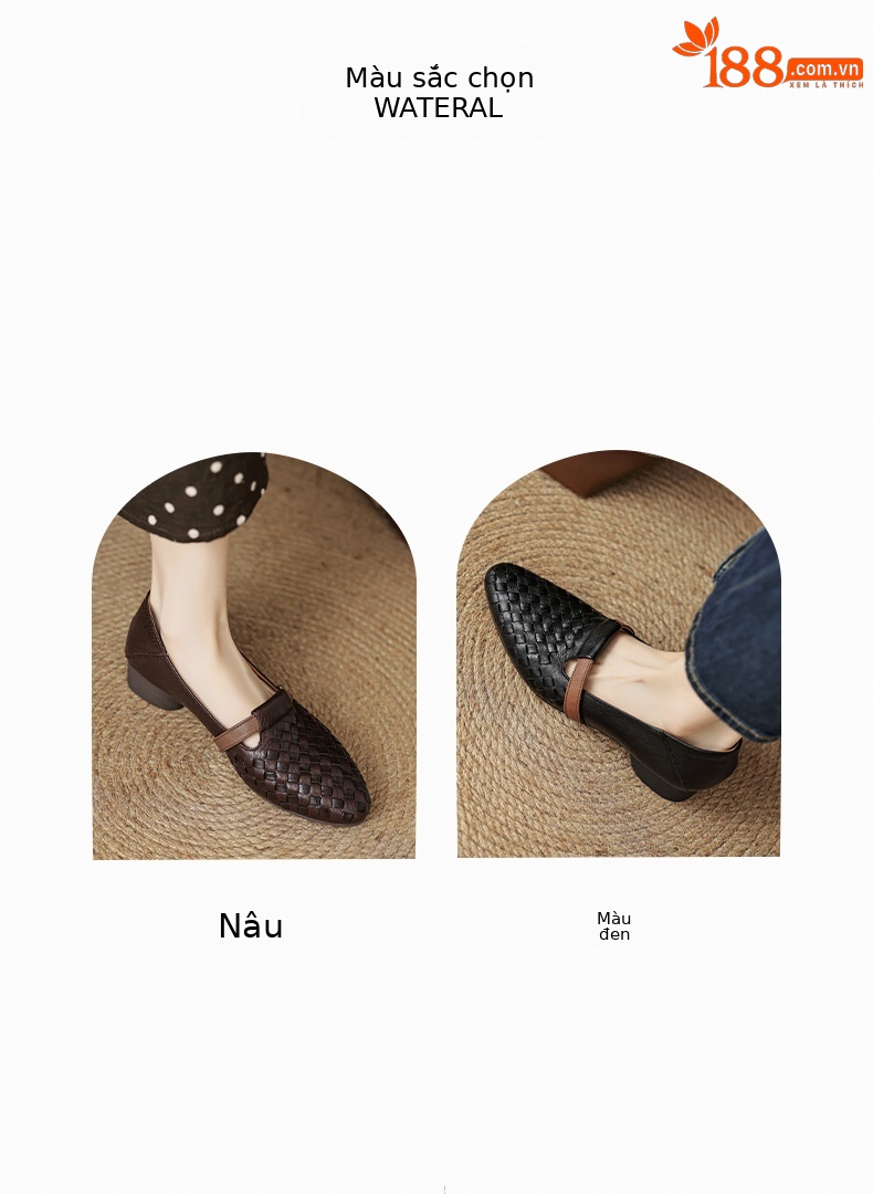 Giày lười nữ da cừu dệt miệng nông đế mềm phong cách đơn giản — Màu nâu chi tiết 4