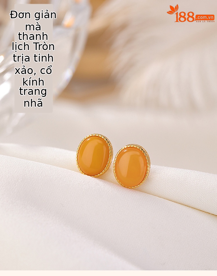 Bông tai bạc S925 mạ vàng sáp ong hình mặt trứng hoang dã, phong cách retro sang trọng — Một cặp chi tiết 2