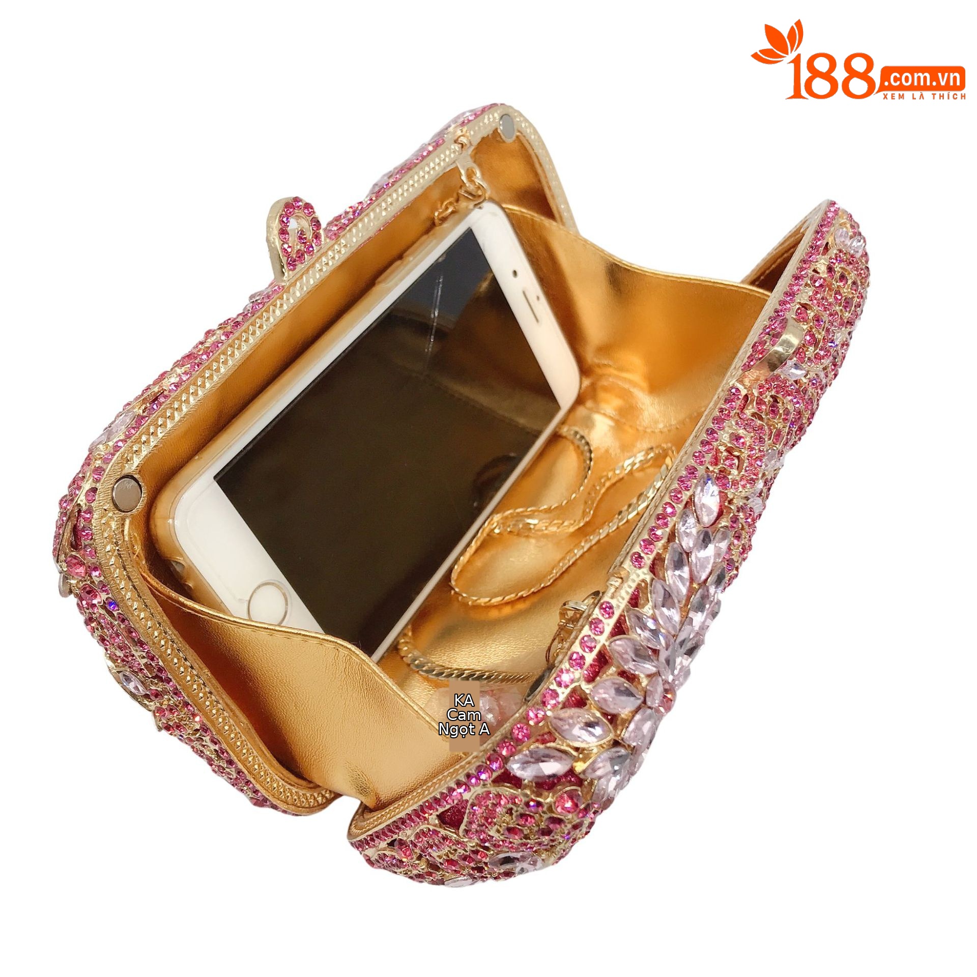 Túi clutch nữ đính đá dạ hội cầm tay kim loại lấp lánh — Màu hồng, Màu tím đen, Màu đen, Màu vàng nhạt