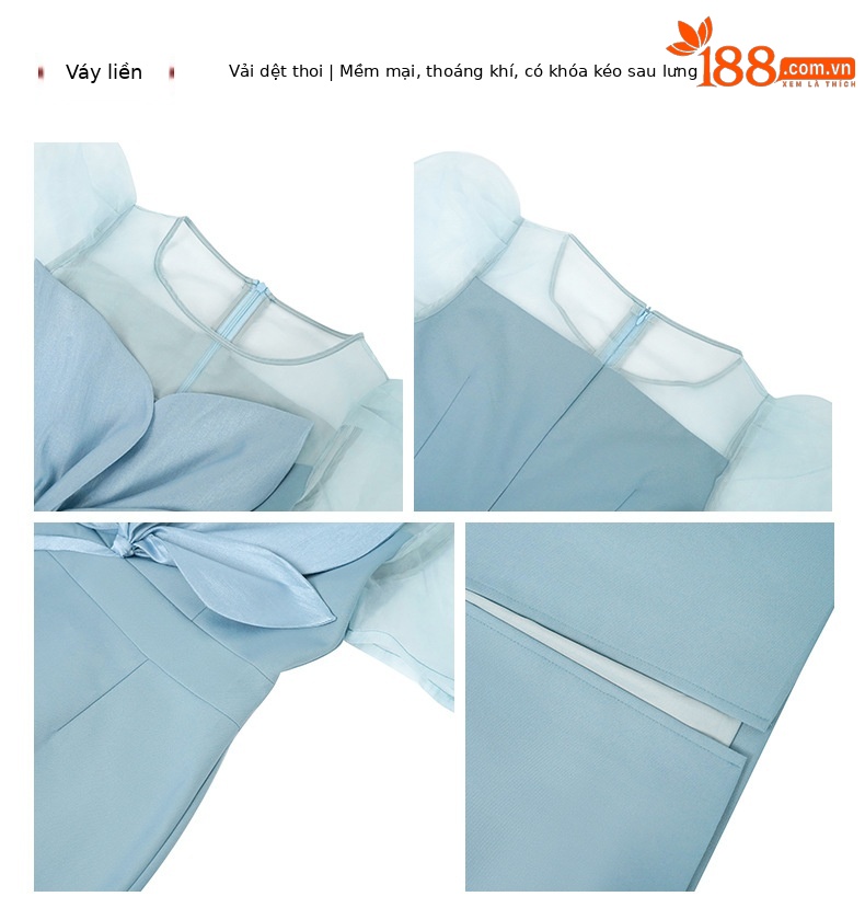 Váy maxi thắt eo tay phồng phối cánh hoa thiết kế cổ điển Pháp xẻ tà — Xanh trăng trúc, Màu đỏ chi tiết 3