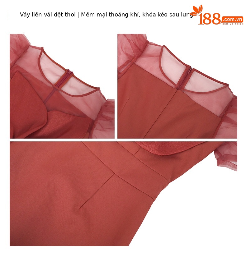 Váy maxi thắt eo tay phồng phối cánh hoa thiết kế cổ điển Pháp xẻ tà — Xanh trăng trúc, Màu đỏ chi tiết 4