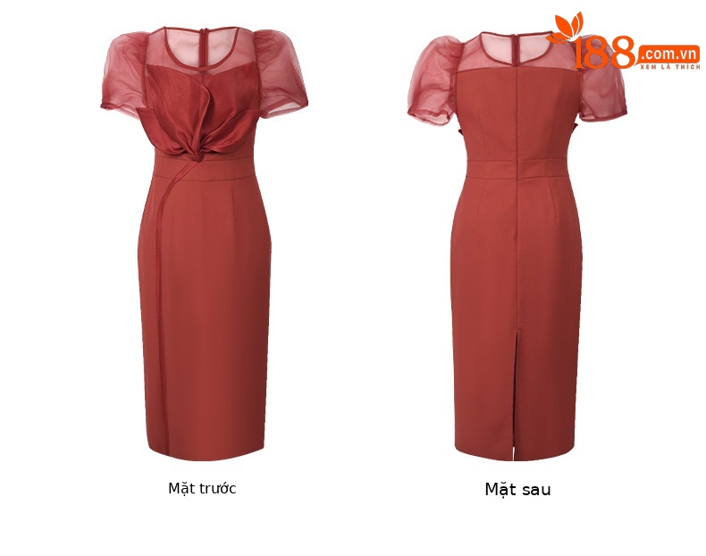 Váy maxi thắt eo tay phồng phối cánh hoa thiết kế cổ điển Pháp xẻ tà — Xanh trăng trúc, Màu đỏ chi tiết 5