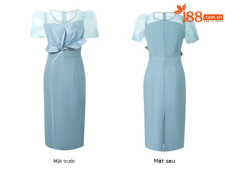 Váy maxi thắt eo tay phồng phối cánh hoa thiết kế cổ điển Pháp xẻ tà — Xanh trăng trúc, Màu đỏ chi tiết 6