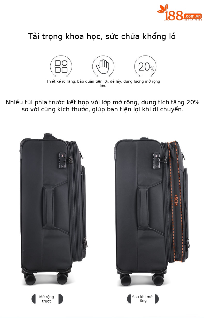 Vali kéo vải Oxford siêu nhẹ doanh nhân 24 inch dung tích lớn mở rộng — Màu đen, Màu xám chi tiết 5