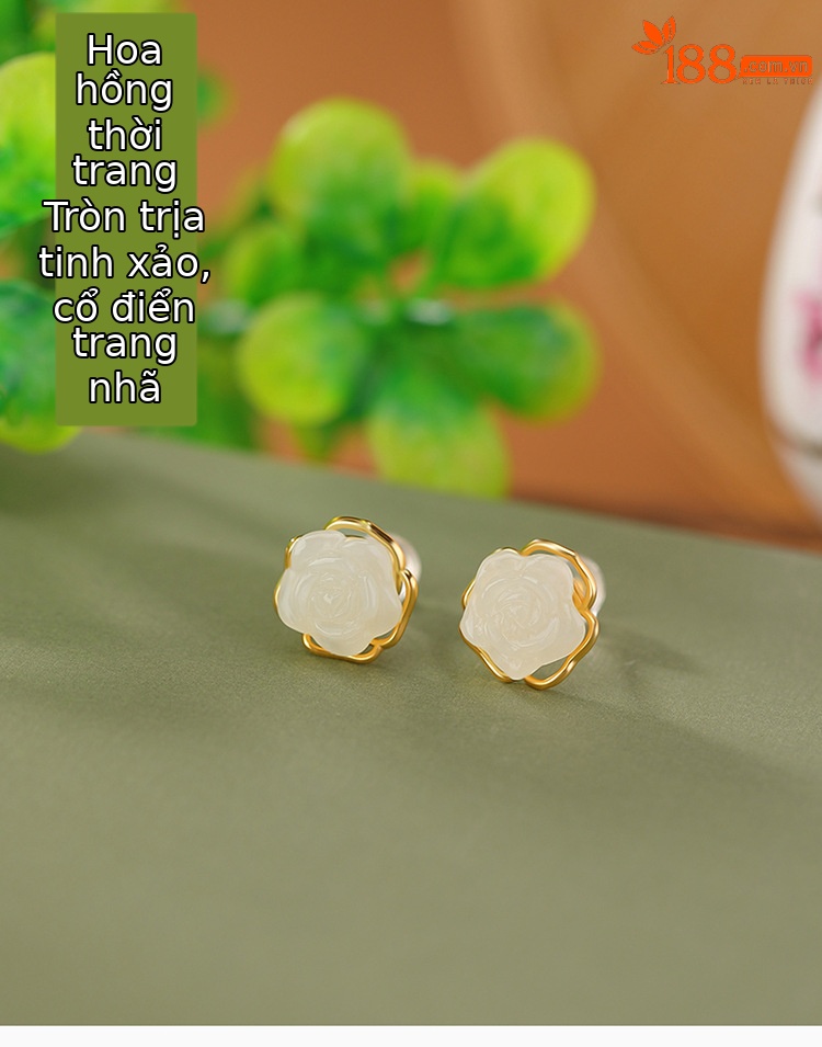 Bông tai hoa hồng rỗng mạ vàng bạc S925 chạm khắc tinh xảo — Một cặp chi tiết 2