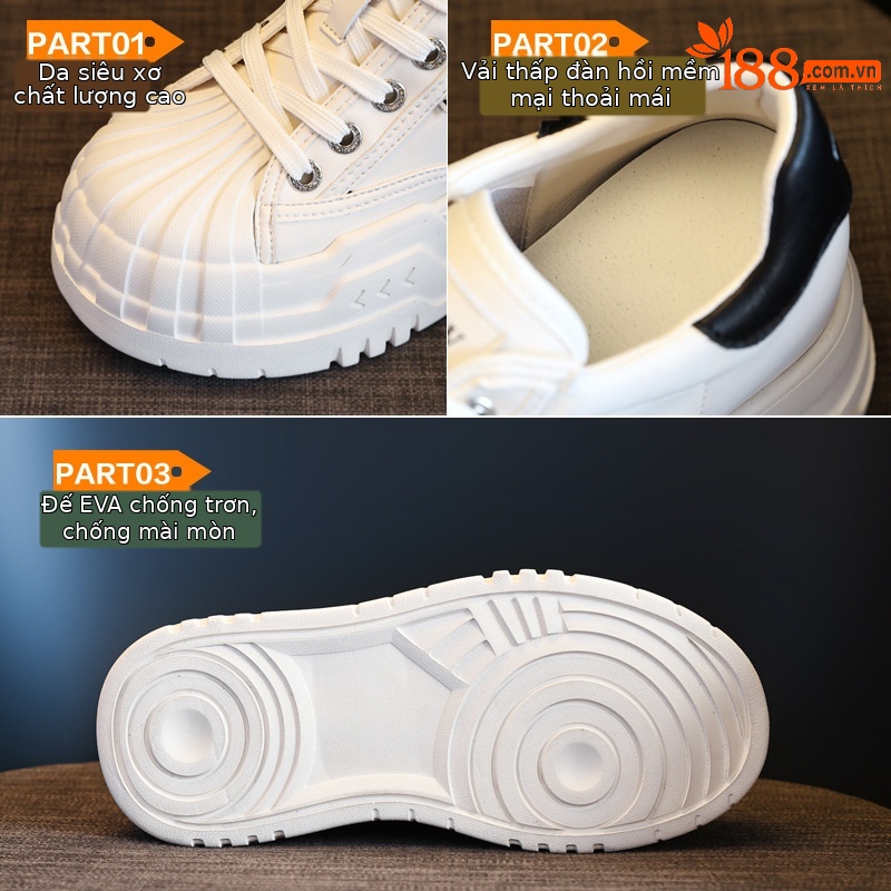 Giày sneaker nữ đế dày tăng chiều cao bên trong, phối bánh xốp thoáng khí — Màu be