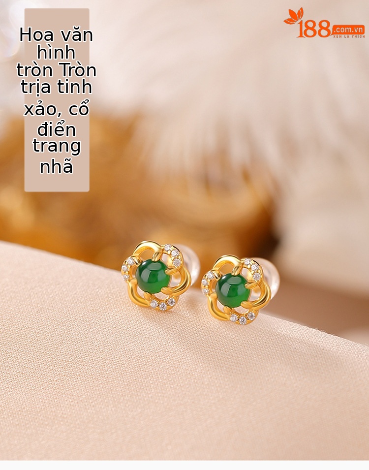 Bông tai bạc S925 mạ vàng hình hoa mận đính ngọc bích cổ điển — Kiểu màu bạc chi tiết 1