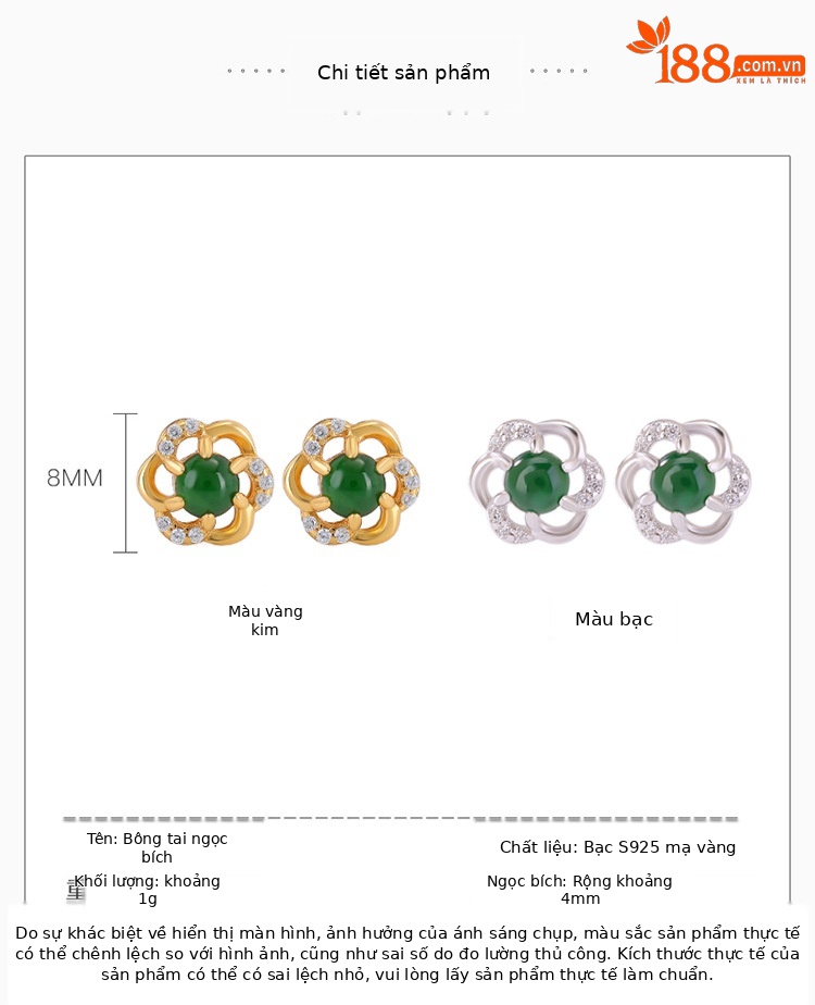 Bông tai bạc S925 mạ vàng hình hoa mận đính ngọc bích cổ điển — Kiểu màu bạc chi tiết 2