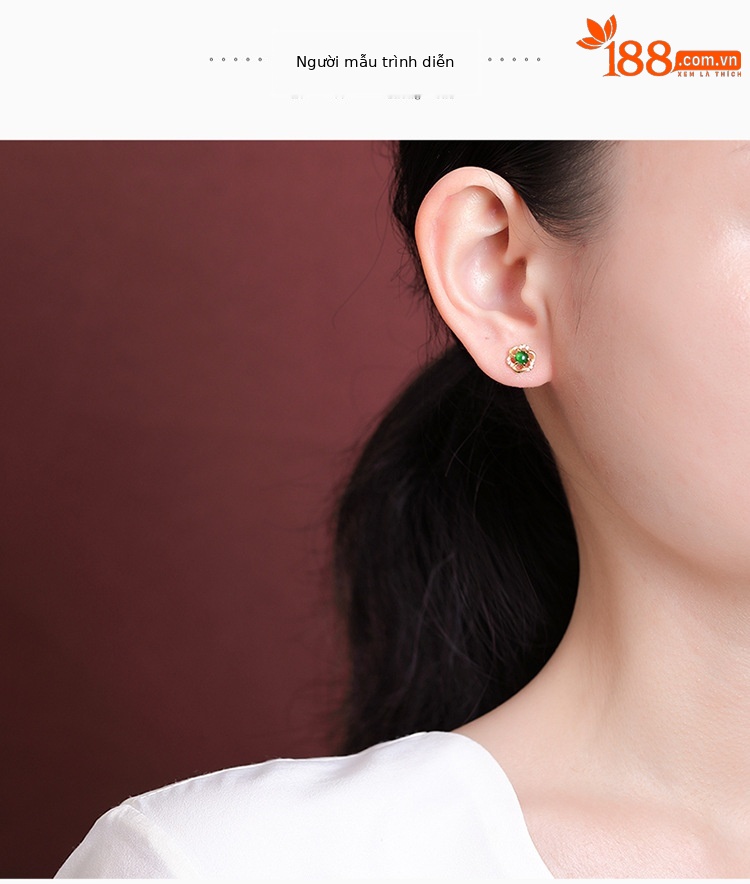 Bông tai bạc S925 mạ vàng hình hoa mận đính ngọc bích cổ điển — Kiểu màu bạc chi tiết 5