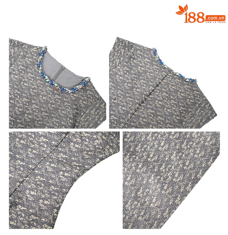 Váy liền thân nữ cổ tròn họa tiết jacquard, thiết kế eo ôm dáng không tay — Màu xám xanh lam chi tiết 2