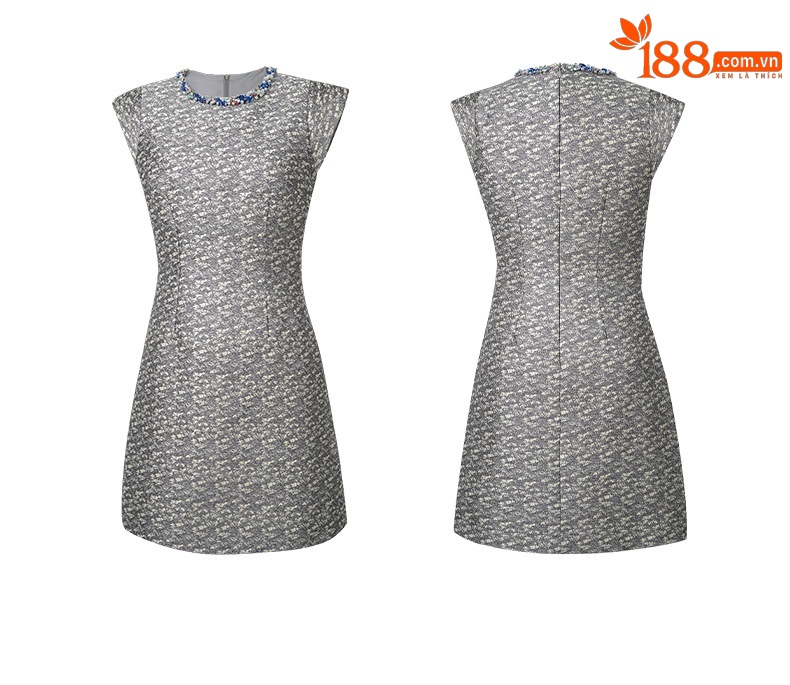 Váy liền thân nữ cổ tròn họa tiết jacquard, thiết kế eo ôm dáng không tay — Màu xám xanh lam chi tiết 3