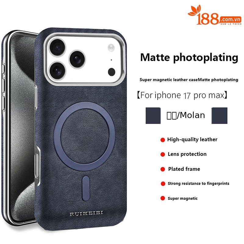 Ốp lưng da cao cấp từ tính cho iPhone 17 Pro Max, thiết kế mạ điện sang trọng — Đen quý phái, Xanh lam quý ông, Nâu thanh lịch, Nâu mocha chi tiết 12
