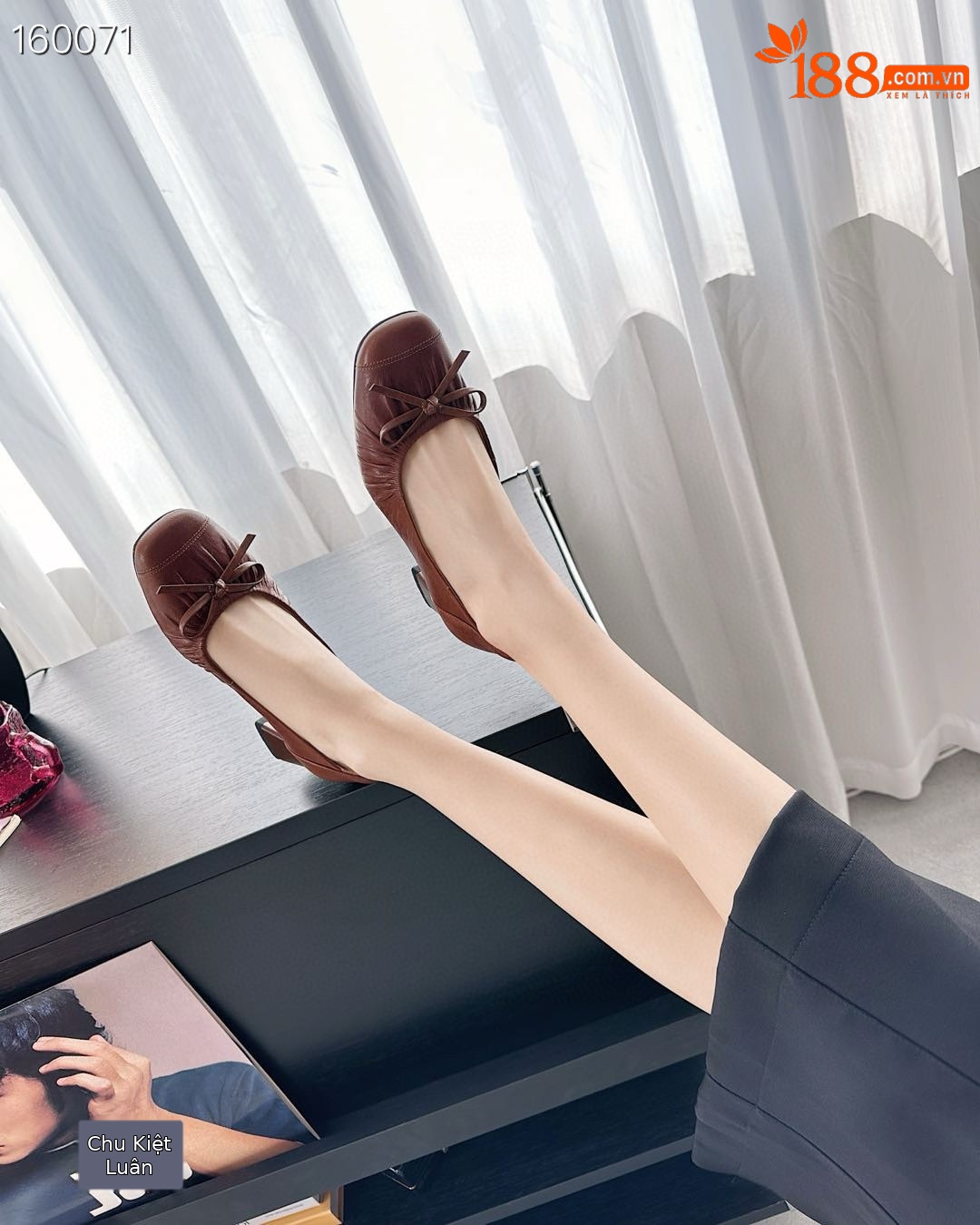 Giày búp bê nữ da cừu mũi tròn miệng nông nơ bướm gót vừa — Màu nâu, Màu đen chi tiết 6
