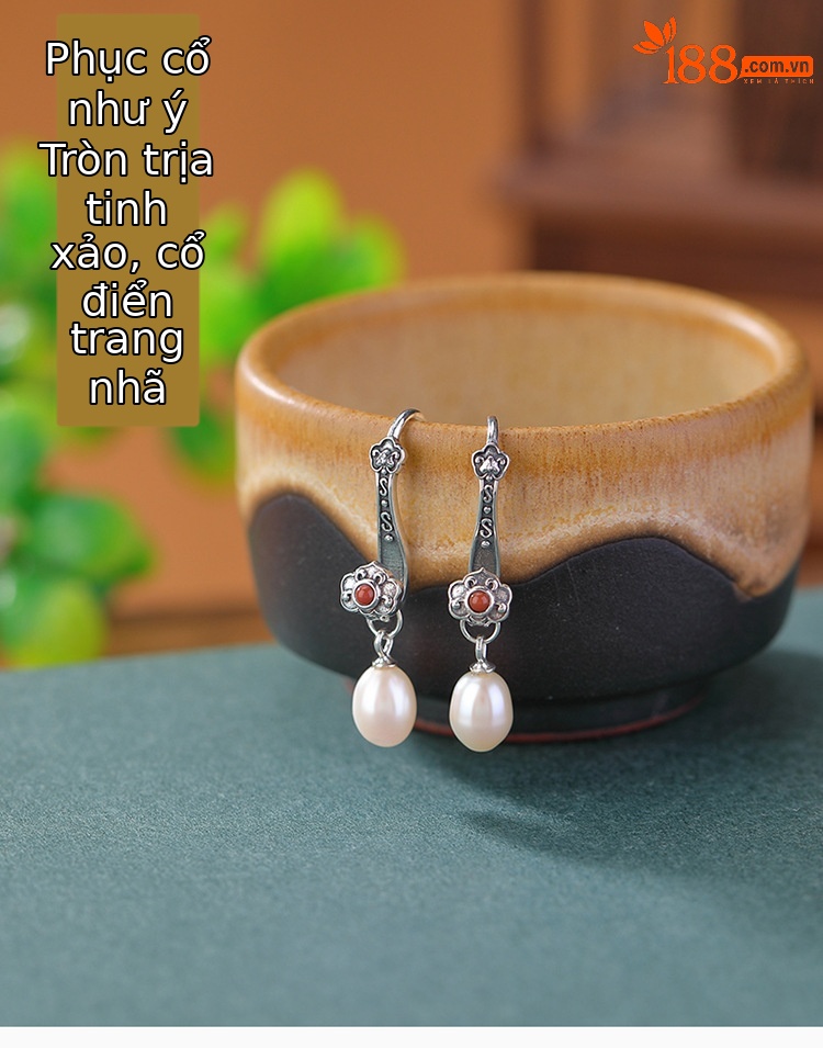 Bông tai móc bạc S925 đính ngọc trai nước ngọt họa tiết Ruyi may mắn — Một cặp chi tiết 1
