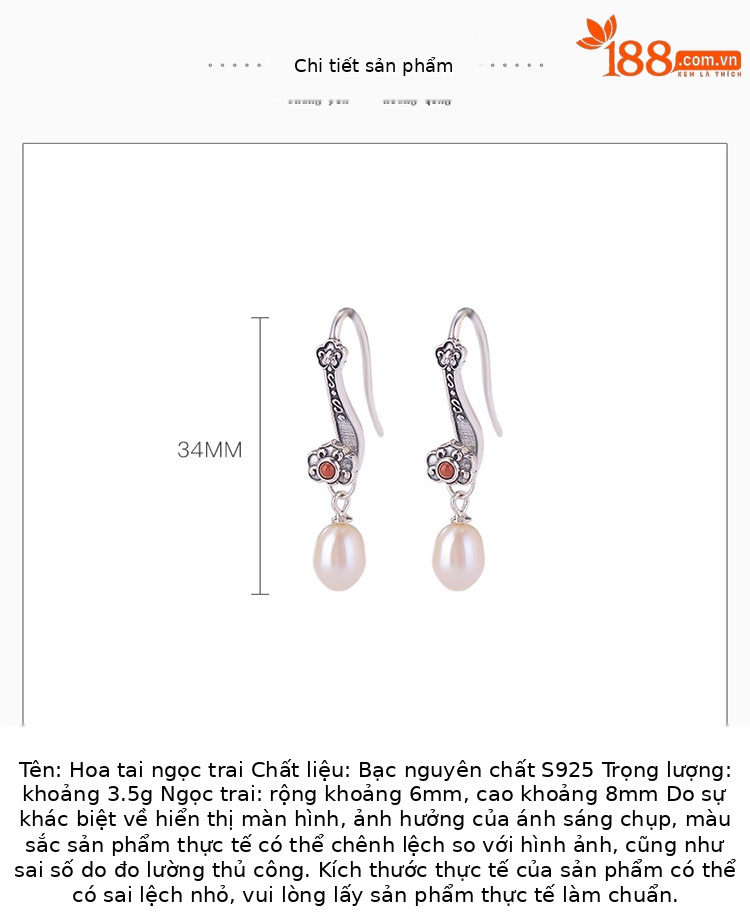 Bông tai móc bạc S925 đính ngọc trai nước ngọt họa tiết Ruyi may mắn — Một cặp chi tiết 2