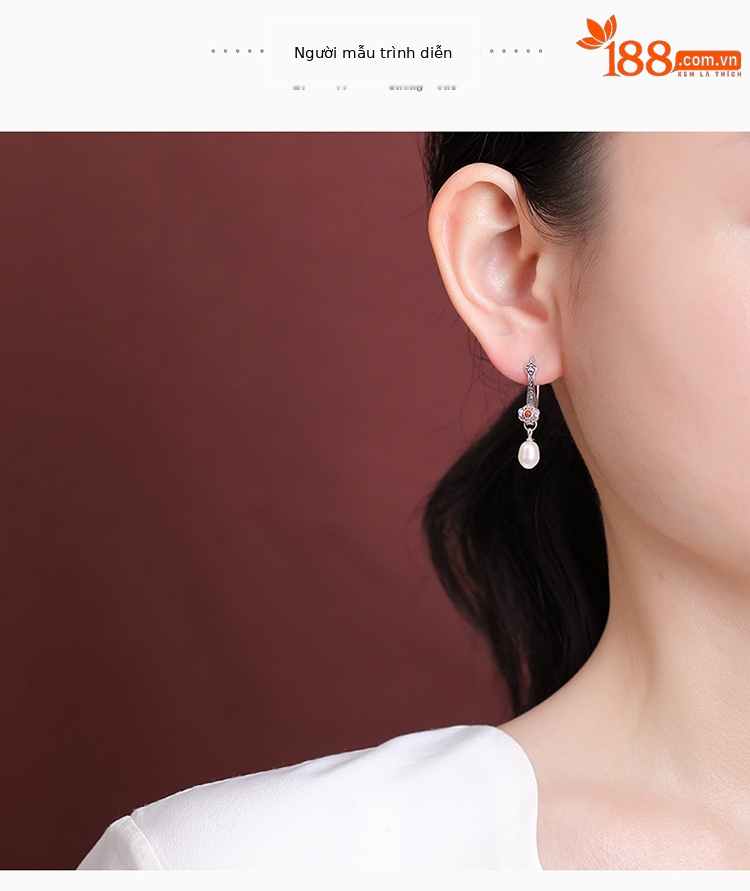 Bông tai móc bạc S925 đính ngọc trai nước ngọt họa tiết Ruyi may mắn — Một cặp chi tiết 3