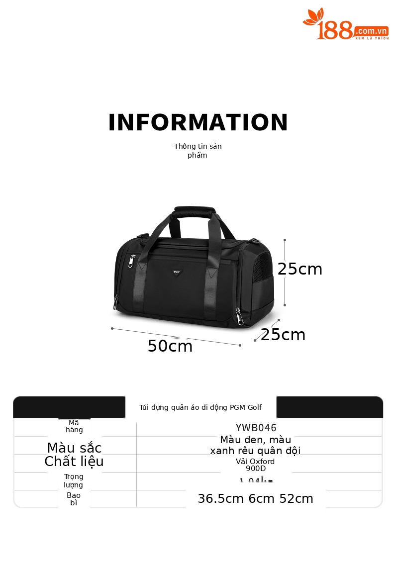 Túi tote du lịch chống nước nhẹ PGM – đựng đồ golf, quần áo, giày (50x25x25 cm) — YWB046-Đen, YWB046-màu xanh quân đội chi tiết 7