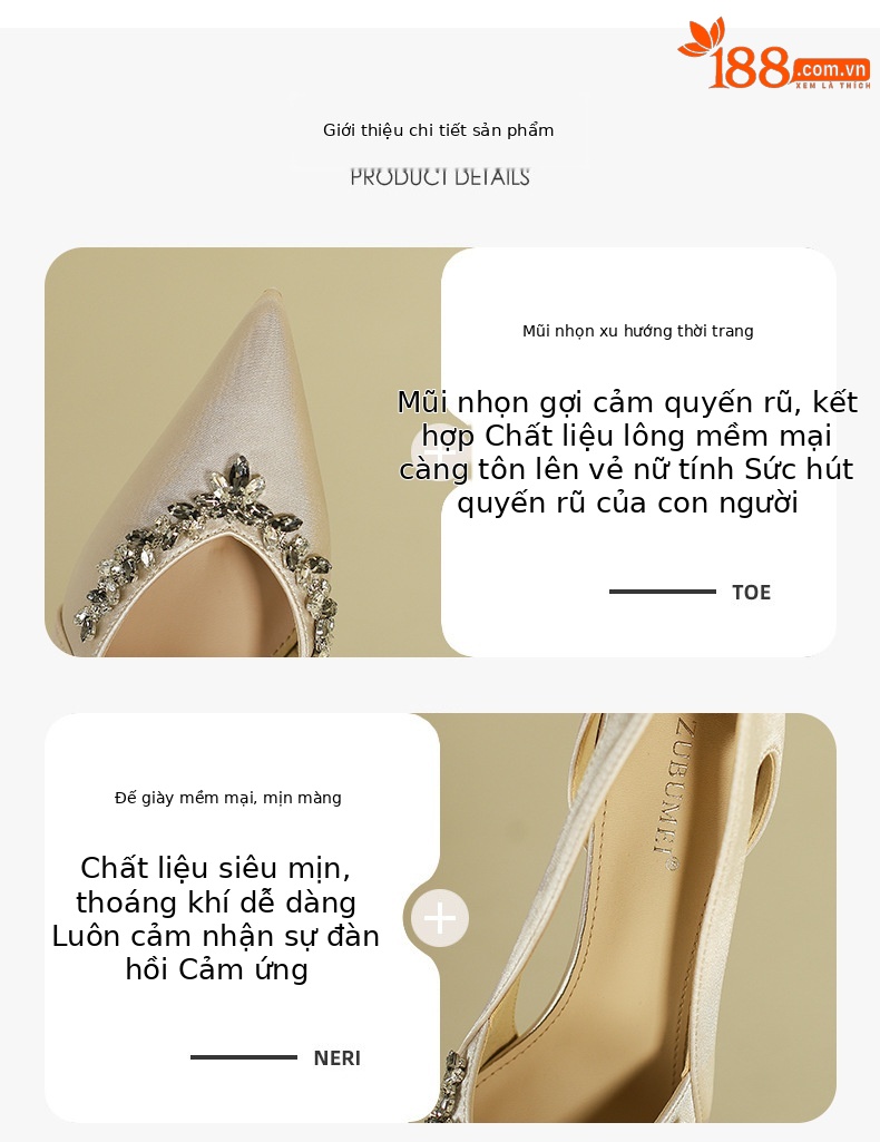 Sandal cao gót nữ mũi nhọn hở mũi đính đá rhinestone cổ chữ V — Màu đen chi tiết 1