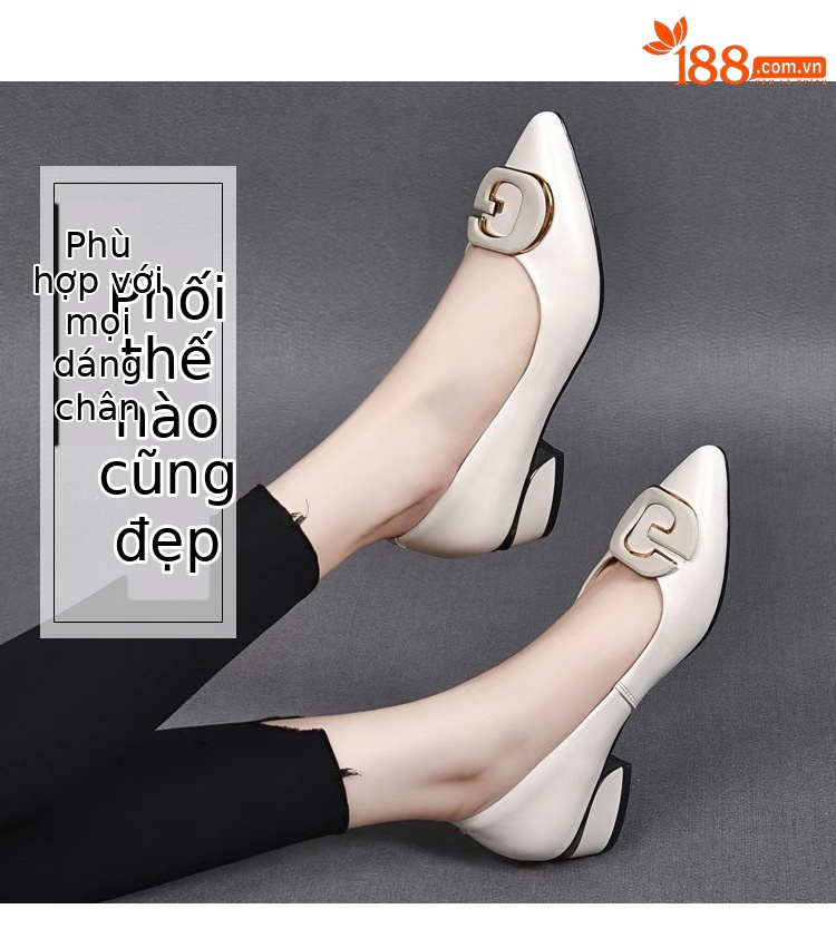 Giày bệt nữ da thật mũi nhọn gót thấp, giày công sở đa năng kiểu lười — Màu đen chi tiết 1