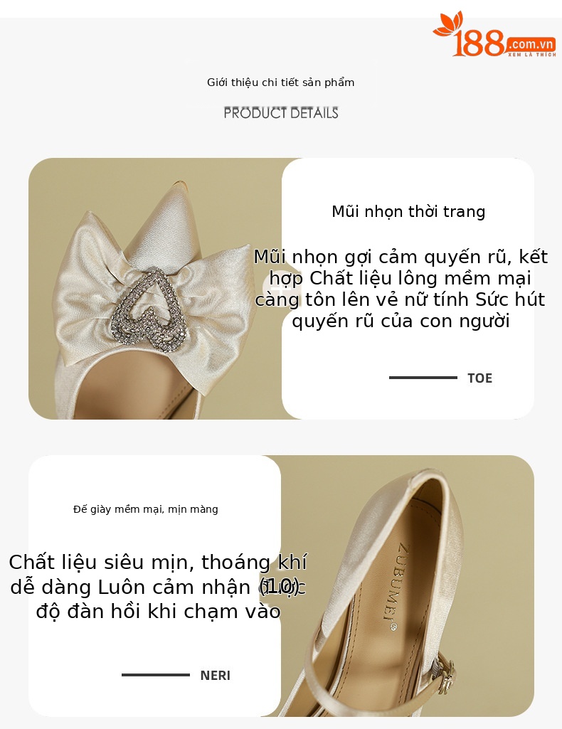 Giày cao gót nữ mũi nhọn da lộn nơ đính đá rhinestone — Màu đen chi tiết 2