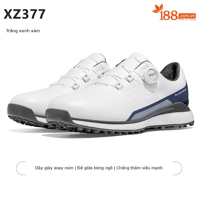 Giày golf PGM nam đế trung siêu mềm, chống nước, dây rút xoay tiện lợi — XZ377-Trắng xanh xám