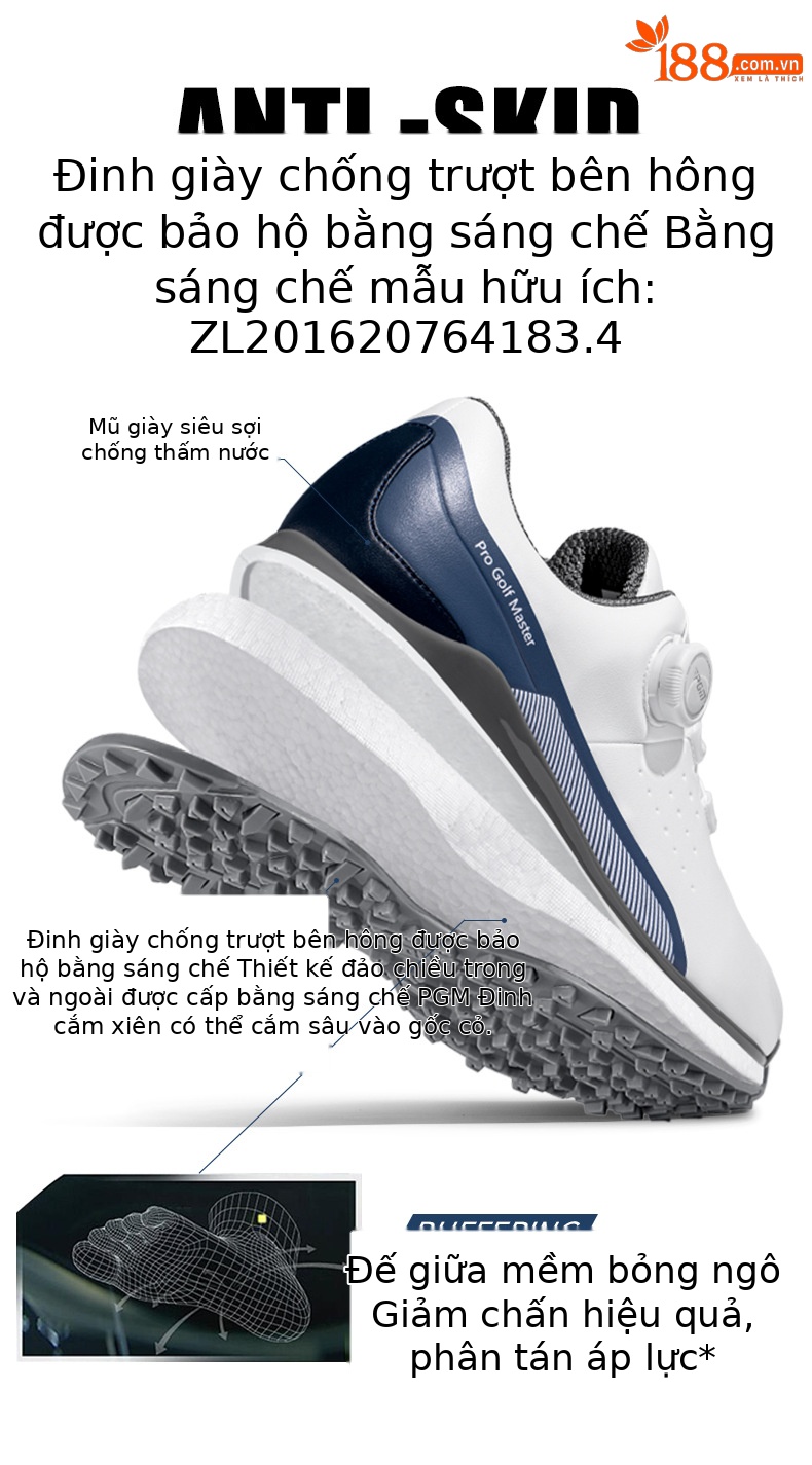 Giày golf PGM nam đế trung siêu mềm, chống nước, dây rút xoay tiện lợi — XZ377-Trắng xanh xám chi tiết 8