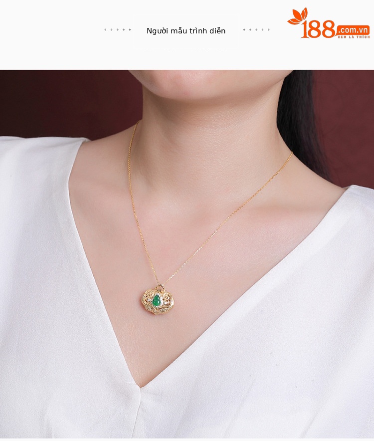Mặt dây chuyền hình túi rỗng bầu cổ điển bạc S925 mạ vàng đính ngọc lục bảo — Kiểu bạc (không có dây chuyền) chi tiết 6