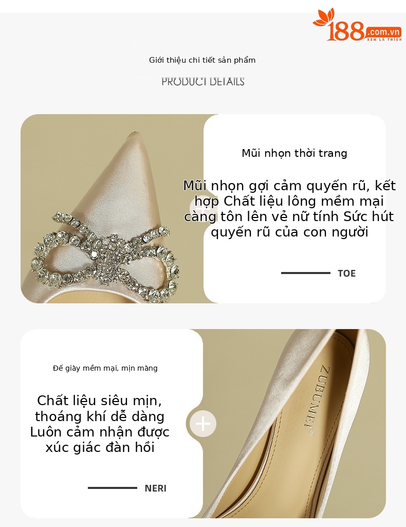Giày cao gót nữ mũi nhọn da lộn đính nơ và đá pha lê — Màu đen chi tiết 1