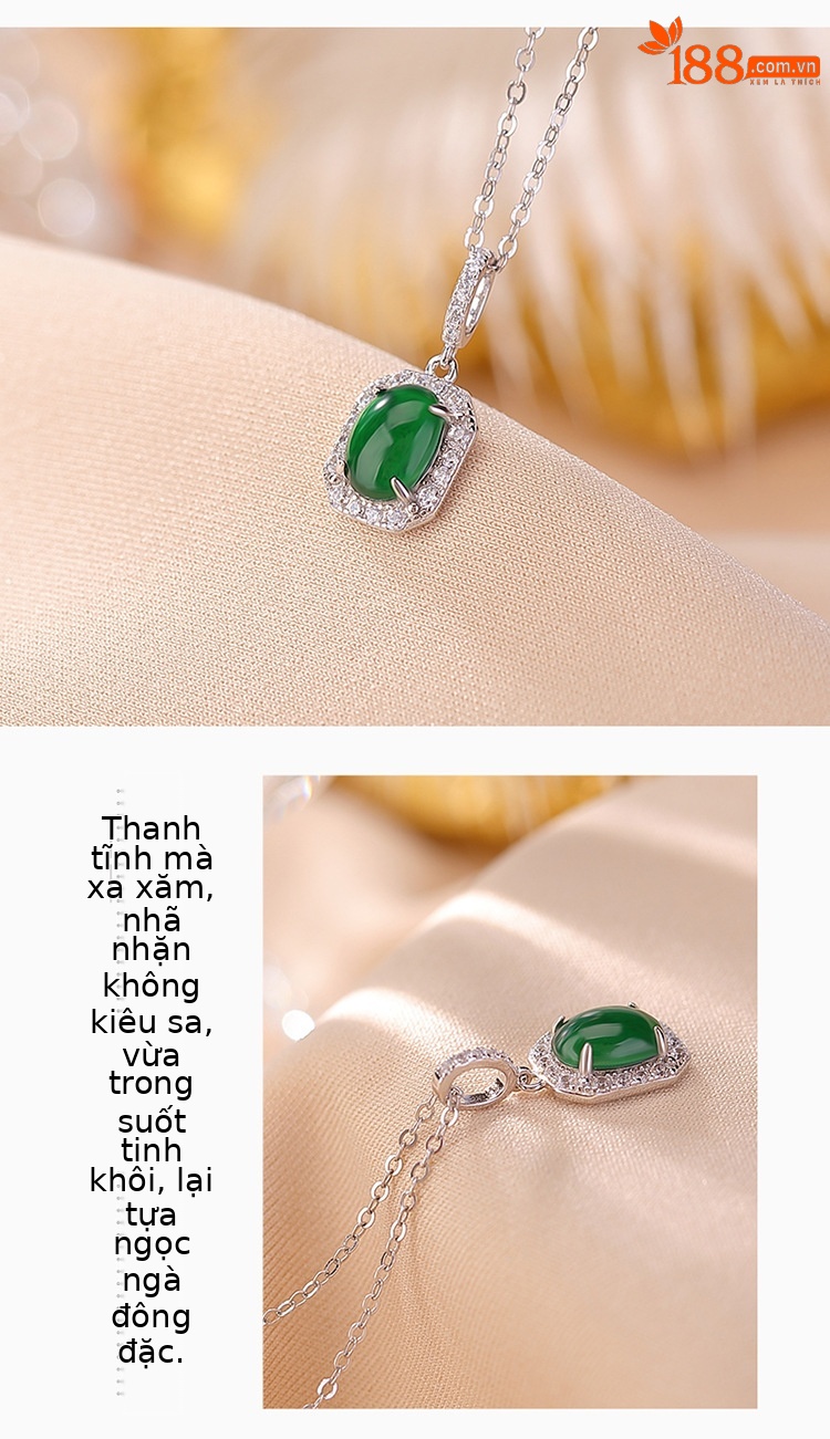 Mặt dây chuyền hình quả trứng bạc S925 đính ngọc bích xanh phong cách retro — Ngọc lục bảo xanh (không có dây chuyền) chi tiết 4