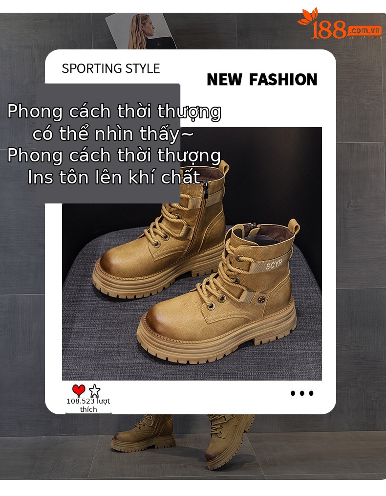 Giày boot nữ cổ ngắn đế dày phong cách Martin, lót lông ấm mùa đông — M2626-1 vàng lót nhung, M2626 màu vàng một lớp lót trong, M2626-1 kaki lót nhung, M2626 một lớp màu đen chi tiết 3