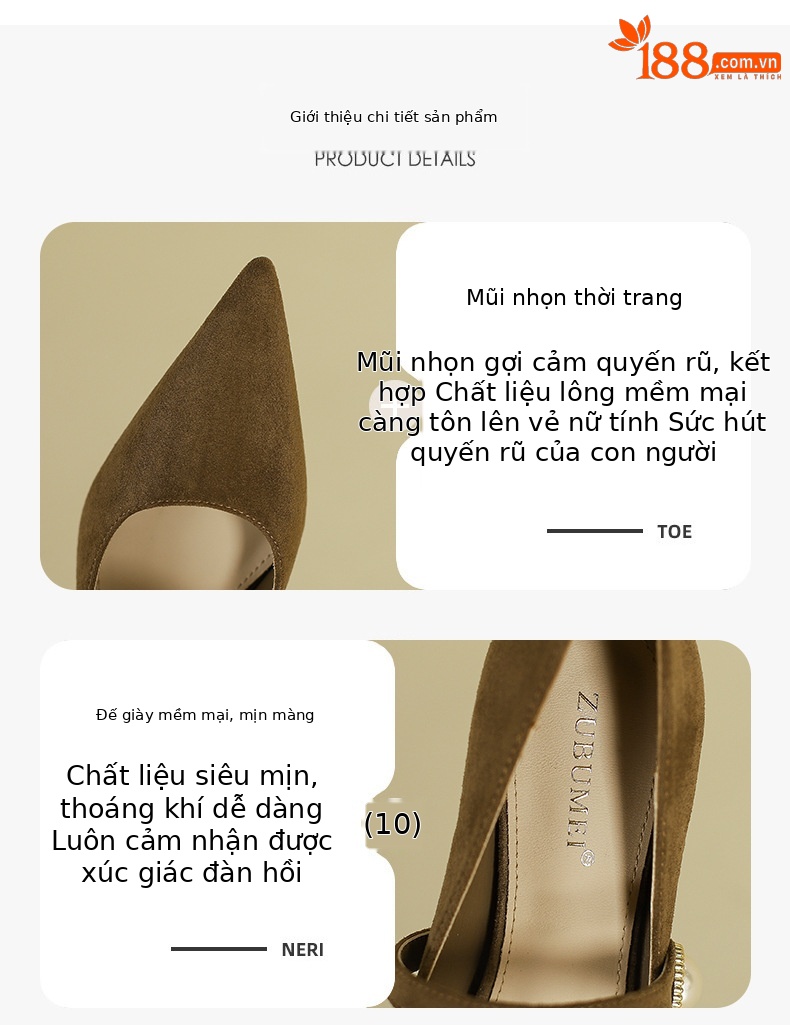 Giày cao gót mũi nhọn da lộn đính ngọc trai — Màu đen chi tiết 2