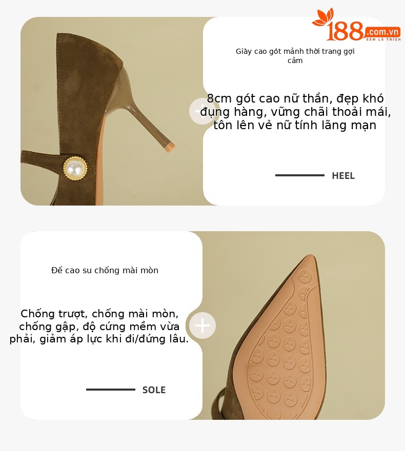Giày cao gót mũi nhọn da lộn đính ngọc trai — Màu đen chi tiết 3