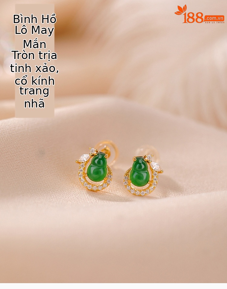 Khuyên tai nữ bạc S925 mạ vàng hình hươu đính ngọc bích phong cách retro — Kiểu màu bạc chi tiết 1