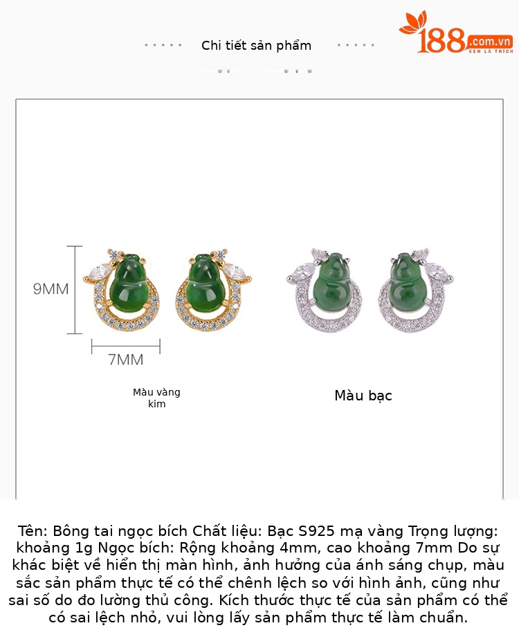 Khuyên tai nữ bạc S925 mạ vàng hình hươu đính ngọc bích phong cách retro — Kiểu màu bạc chi tiết 2